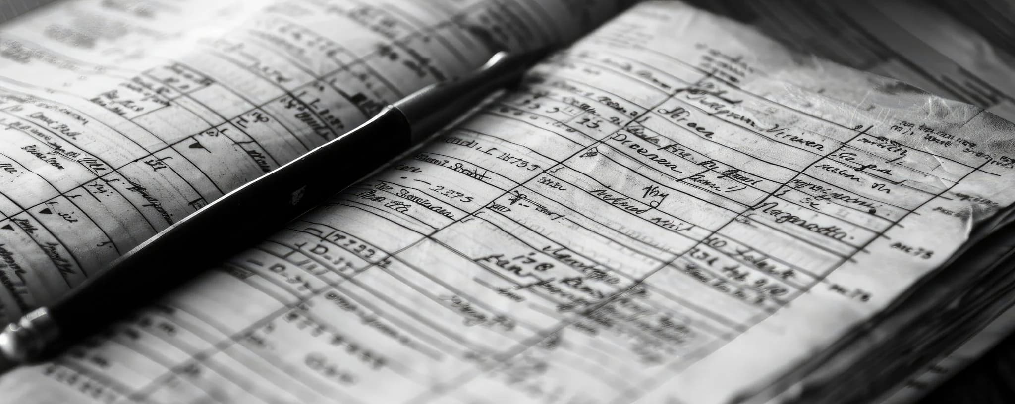 Close-up of a pen resting on handwritten financial records and ledger pages filled with numbers and notes.