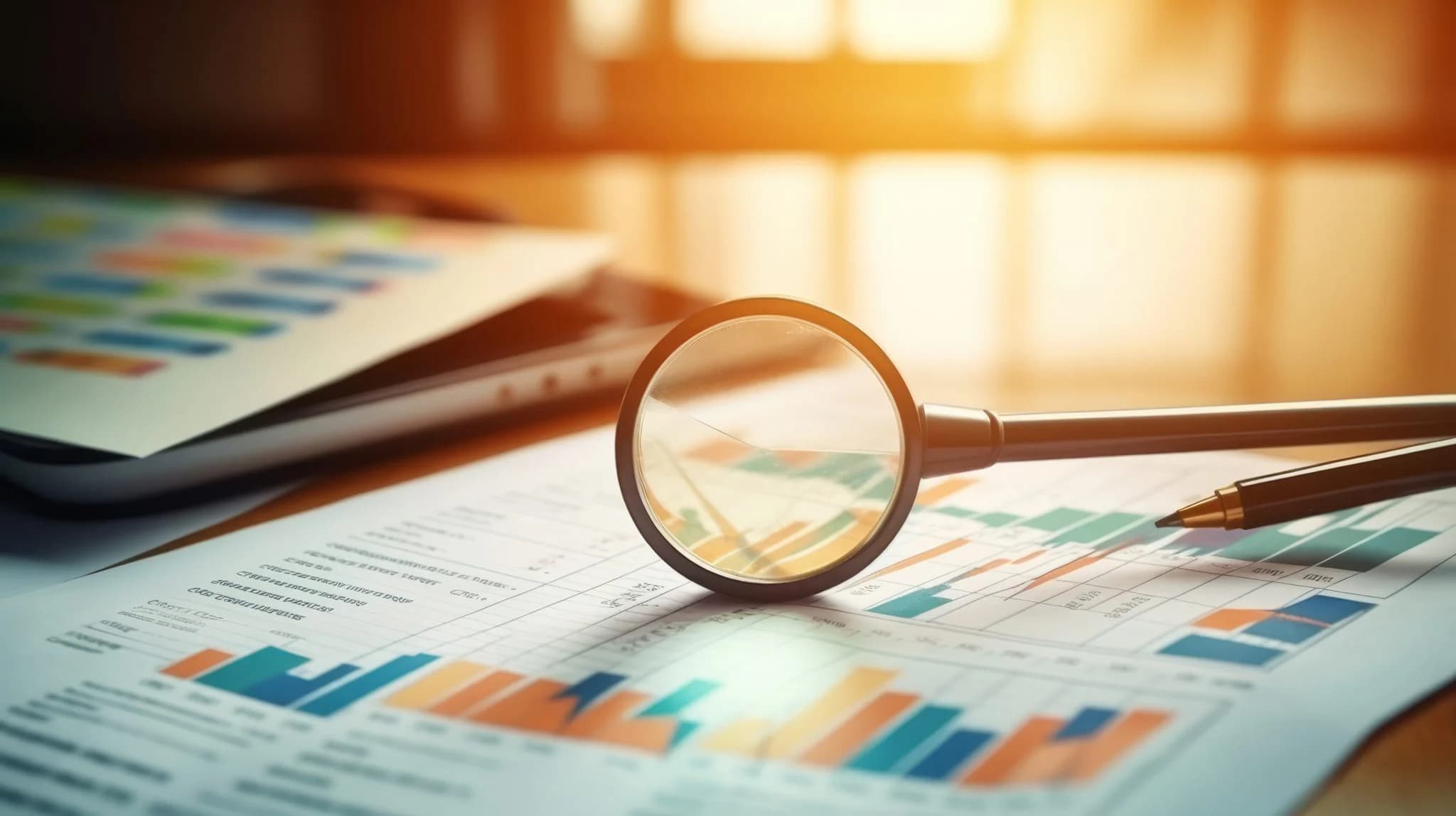 Magnifying glass placed on financial charts and graphs, with a pen and tablet in the background, symbolizing data analysis.
