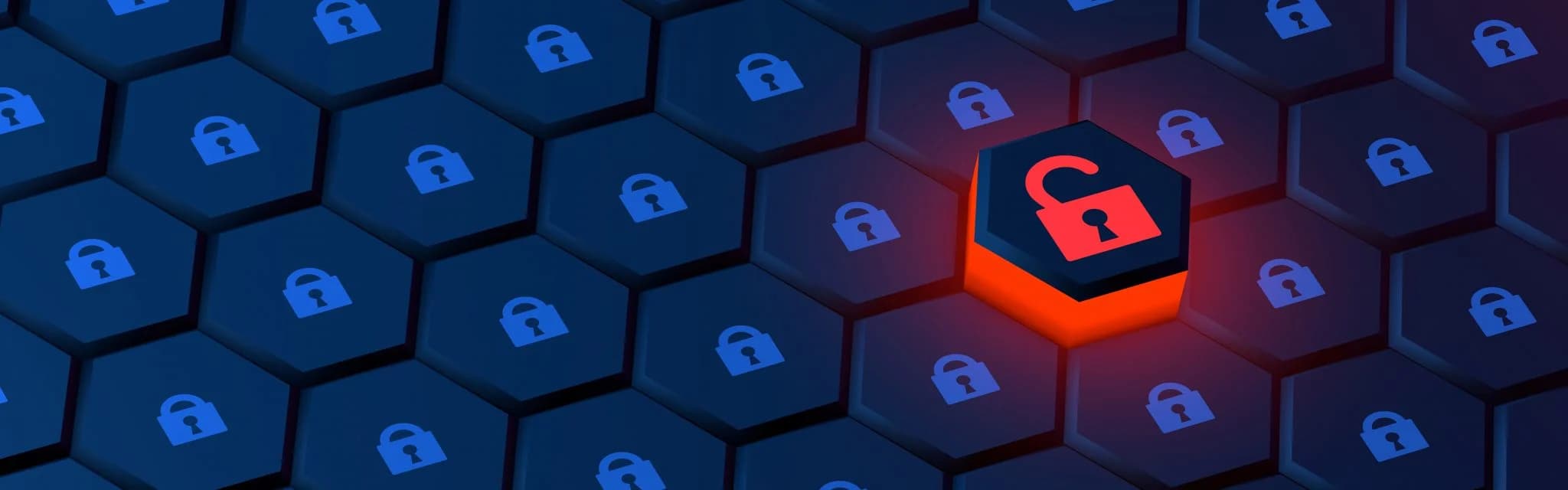 Hexagonal grid with lock icons, featuring a highlighted red unlocked padlock symbolizing a security vulnerability or breach.